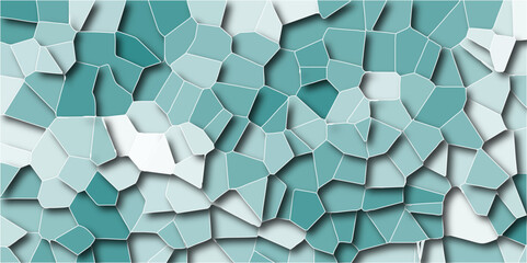 Poster - Light mint-colored broken stained glass background with white lines. Seamless pattern with 3D shapes, vintage background. Geometric retro tile pattern with 3D shapes and a vintage quartz surface.