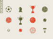 © Aleksei_7799 - Sports equipment vintage style. Volleyball basketball football golf and tennis ball with trophy and shuttlecock. Team sport icon set