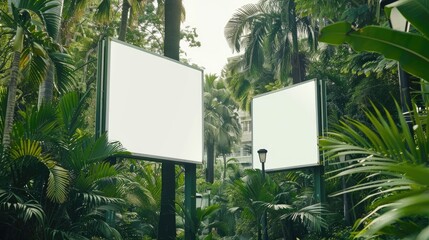 Two vertical blank white billboards in a tropical city, with tropical plants and trees on the sides of the road and street lights.