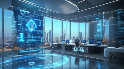 Leinwandbilder - A modern office space features high-tech screens displaying data and analytics, with panoramic views of a bustling city skyline under bright daylight