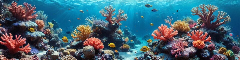 A surreal underwater world where colorful coral reefs intertwine with ethereal sea creatures, creating a mesmerizing atmosphere of tranquility and beauty, Generative AI