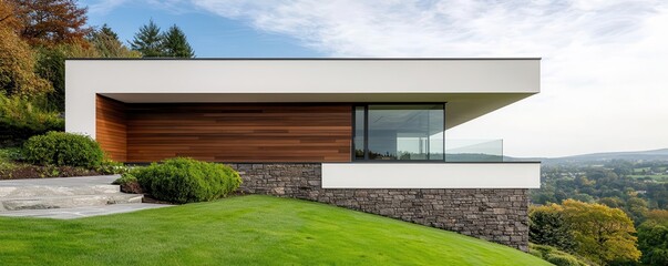 minimalist house with natural stone cladding and floor to ceiling windows, designed to capture solar