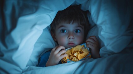 A 7 year old  boy hiding under white bed covers eating a pack of chips. Night hours 