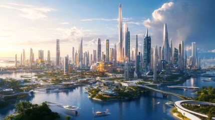 Poster - A large city with many tall buildings and a large body of water running through it. There are multiple bridges connecting the land masses on either side of the water