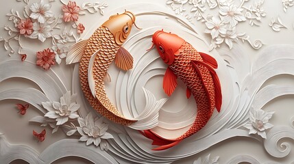 two fish elegantly intertwining in a circular pattern, adorned with paper-cut floral patterns and fl