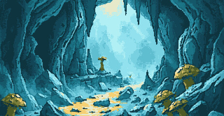 Wall Mural - sense of surroundings, mushrooms in pixel art cave, blue light and stones underground for mining, gathering resources