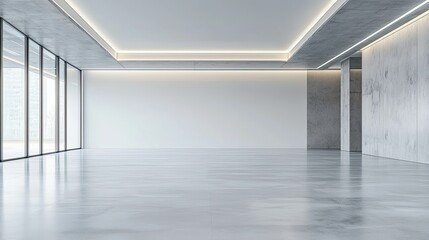 Abstract interior design of modern showroom with empty white concrete floor and gray wall.