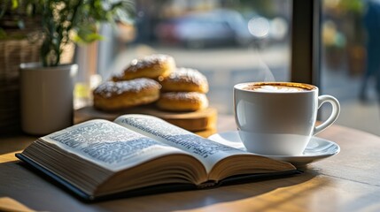 A cup of coffee, an open book, and pastries on a wooden table by a window.