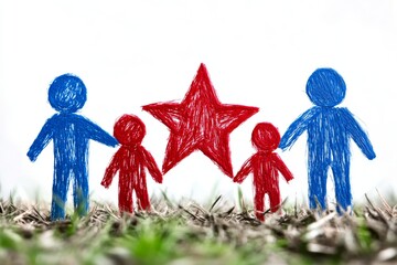 Handmade figures of two parents and two children holding a red star symbolizing family unity teamwork and happiness in a vibrant creative outdoor setting