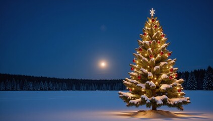 A beautifully decorated Christmas tree stands amidst a starry winter landscape with snowy ground and distant trees