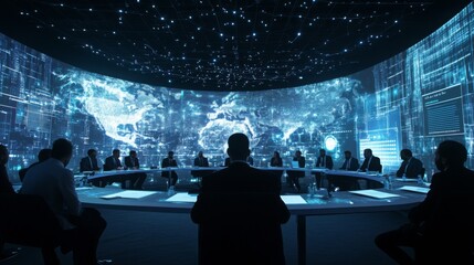 Poster - A group of people in suits sit around a long table, looking at a large screen behind them that shows a digital map of the world