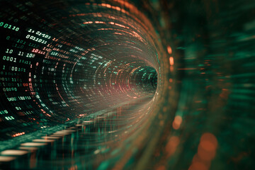 Wall Mural - green and orange digital tunnel with binary code representing data flow