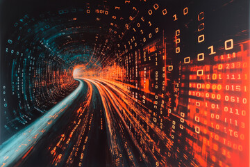 Wall Mural - uturistic tunnel with binary code and data flow in orange and blue tones