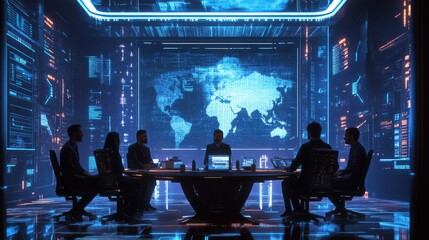 Leinwandbilder - Silhouetted figures sit around a circular table in a dimly lit, futuristic setting. A large screen displays a digital map of the world, illuminating the room in a soft, blue glow