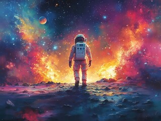 Wall Mural - an astronaut exploring a vibrant, colorful lunar landscape, with a cosmic backdrop filled with stars and planets, illustrating the wonder and adventure of space exploration