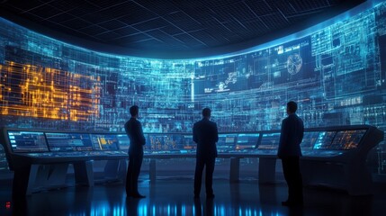 Leinwandbilder - In a dimly lit control room, three figures stand attentively, gazing at a series of glowing digital displays and holographic data projections that illuminate the space with vibrant colors.