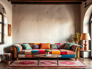 An eclectic bohemian living room features a colorful patchwork sofa, surrounded by warm lighting, rustic accents, and artistic touches creating a cozy atmosphere.