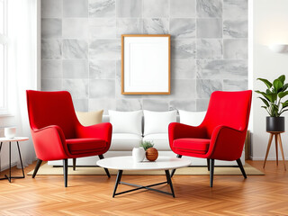 A chic and modern living room featuring two vibrant red armchairs, a neutral sofa, a minimalistic coffee table, and decorative details on a sleek backdrop wall.