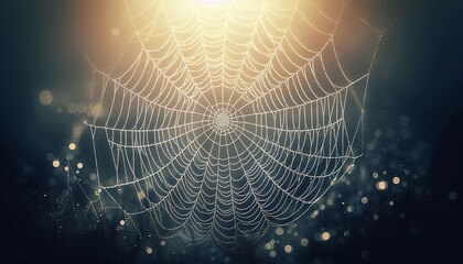 An image of a delicate spider web glistening with morning dew against a blurred background.