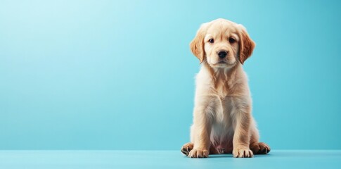 A cute golden retriever puppy sitting on a table, isolated over a blue background.