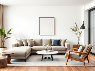 Wall Mural - A contemporary living room featuring wooden floors and white walls, creating a bright and inviting atmosphere.