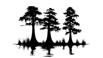 Wall Mural - Bald cypress with knees in a swamp landscape, vector illustration art