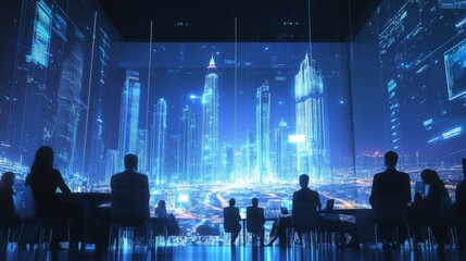 Leinwandbilder - In a dimly lit conference room, professionals sit at a table, captivated by an interactive display of a futuristic city skyline with illuminated skyscrapers against the night sky.