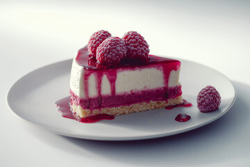 delicious raspberry cheesecake with fresh raspberries, sweet tasty dessert cheesecake piece on white background 