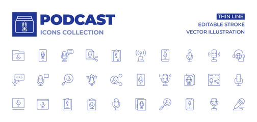 Podcast icons collection. Thin Line icons, editable stroke. microphone, record, script, search, share, signal tower, smartphone, voice control, podcast, rating