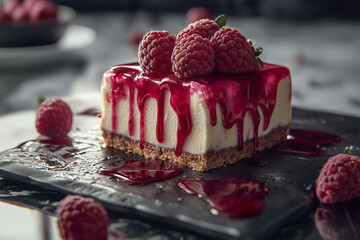 delicious raspberry cheesecake with fresh raspberries, sweet tasty dessert cheesecake piece with jam