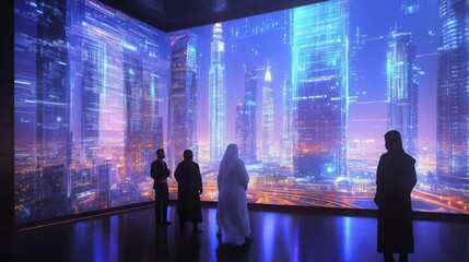 Poster - Visitors stand captivated by a vibrant digital display of a futuristic skyline, showcasing tall buildings illuminated in blue and purple hues, creating a dynamic atmosphere during the evening.