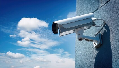 Surveillance camera mounted on wall against blue sky background