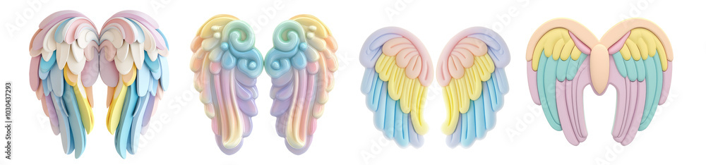 Pastel rainbow angel wings 3d cartoon clay style collection isolated on ...