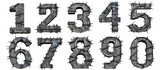 Metal grunge with sharp barbed wire spikes Numbers 0 1 2 3 4 5 6 7 8 9 set collection isolated on transparent background, PNG. Clipart template