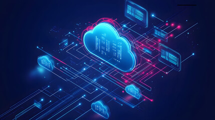 Cloud Computing Visualization, dynamic data flow, interconnected storage icons, modern digital infrastructure, seamless information exchange