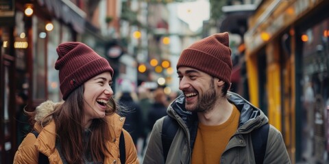 Poster - Couple laughing hats clothing person.