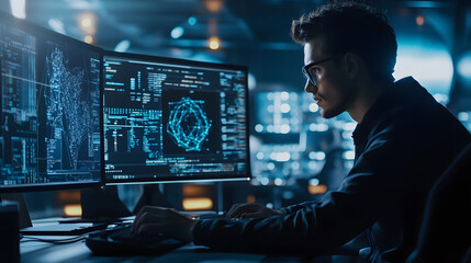 programmer crafting innovative machine learning algorithms on a sleek computer in a modern workspace