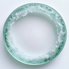 Translucent glass plate with ice-like border design on white background modern kitchenware concept