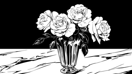 Wall Mural - Bouquet of roses in crystal vase on wooden table, vector illustration art