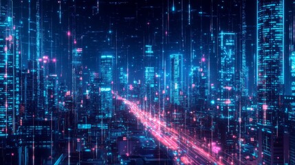 Aufkleber - The skyline showcases tall buildings glowing with neon colors, while colorful lights streak by on a busy road below. It captures the essence of a bustling, tech-driven metropolis at night.