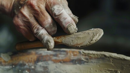 The hand of a potter cradling a smooth clay sculpting tool the grooves of the handle fitting perfectly against their fingers.