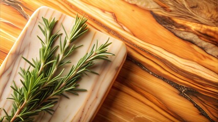 Elegant white marble surface with rosemary on wooden background - perfect for kitchen decor