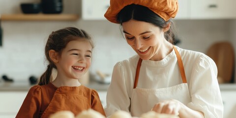 A joyful moment of a mother and daughter baking together, sharing laughter and love in a cozy kitchen atmosphere.