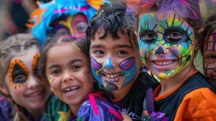 A group of children are wearing face paint and smiling for a picture