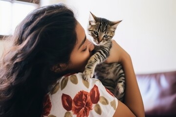 Poster - Latinx young woman playing with a kitty animal mammal kitten.