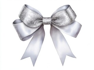 Elegant silver glitter bow with smooth ribbons, perfect for gifts and decorations against a white background.