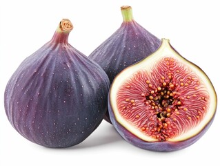 Ripe purple fig halved to reveal its sweet and juicy interior with vibrant red seeds isolated on a clean white background  This close up shot showcases the natural beauty and texture of this fresh