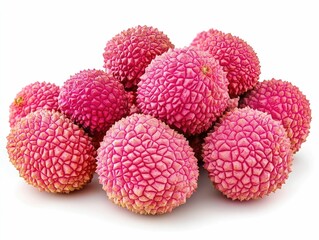 A cluster of bright pink red lychees an exotic tropical fruit with rough skin isolated on a clean white background  The luscious lychees display their natural beauty and promise of a sweet juicy