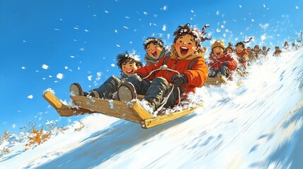 Wall Mural - Speeding Downhill, Sledding