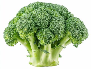 Closeup image of a whole broccoli head with vibrant green florets and detailed texture isolated on a clean white background  This organic